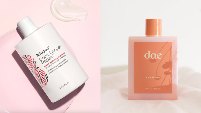 On the left: The Briogeo Don’t Despair, Repair! Super Moisture Shampoo bottle laying diagonally across a pink background with a large clear swatch of the shampoo underneath the bottle. On the right: The coral colored Dae Daily Shampoo standing on a white, cloud-like surface.
