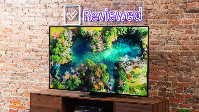 A TCL QM8 LED TV showing a colorful nature scene.