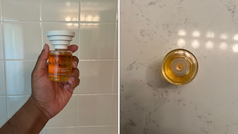 Two views of a bottle of Cecred hair oil.
