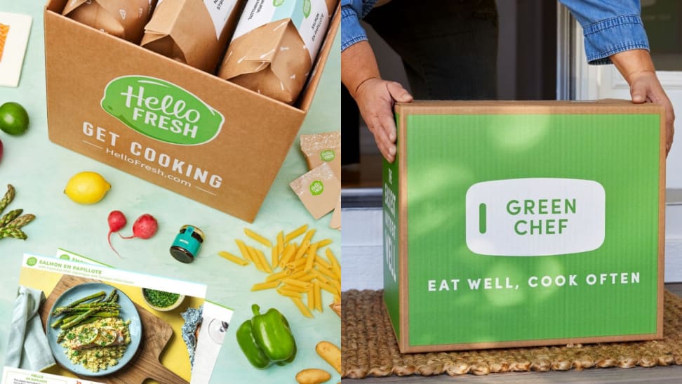 在左边,一盒是挤满了你好,新鲜餐包;一些新鲜农产品包括柠檬青椒和干面条分散在盒子和一个食谱卡。在右边,一个人正试图提升绿色厨师盒子装满餐包。