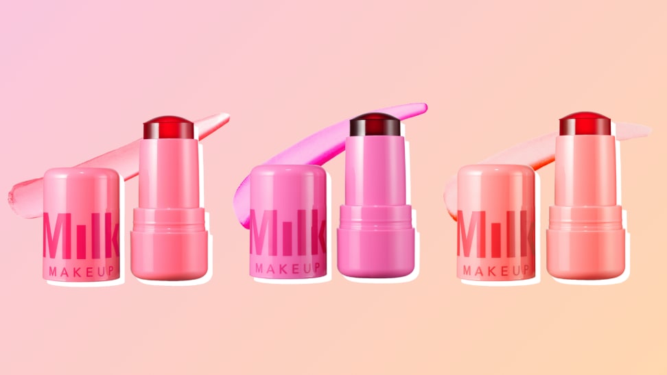 Three Milk Makeup Cooling Water Jelly Tints against a pink and orange background.