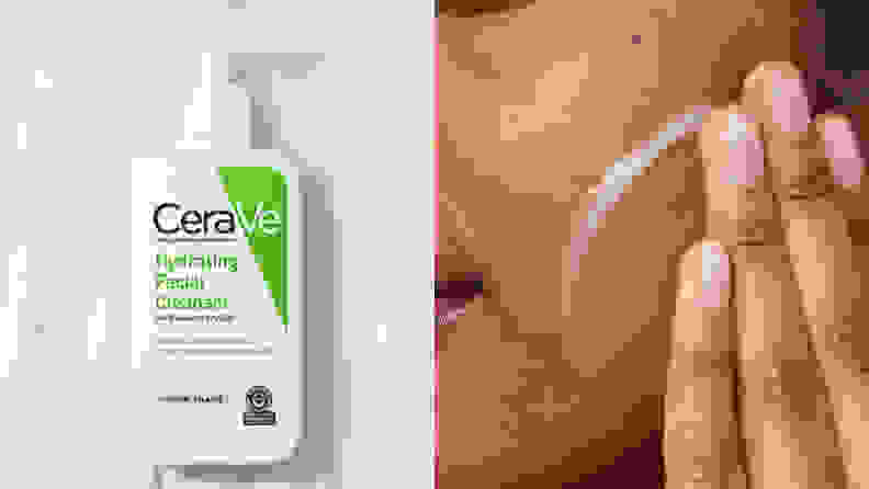 On the left: The Cerave Hydrating Cleanser's green and white bottle lays on a background of creamy cleanser. On the right: A closeup of a person's cheek as they glide the white cleanser across their dark skin.