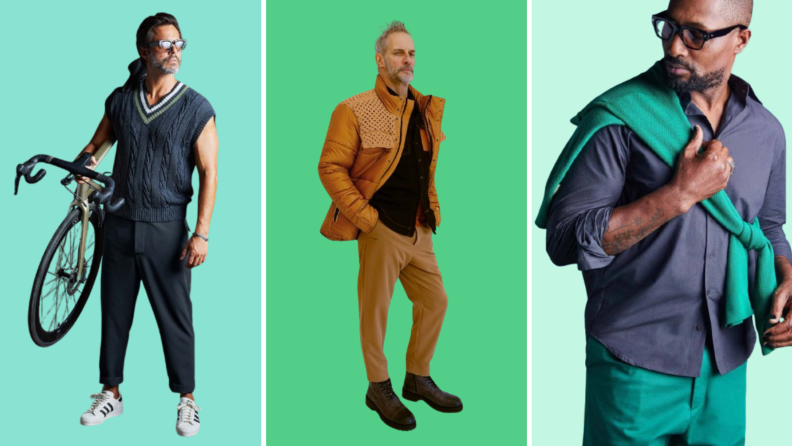 A man wearing navy pants and a navy sweater vest holding a bicycle, a man wearing khaki pants and a puffer coat with texture, and a model wearing green pants and sweater with a gray shirt.