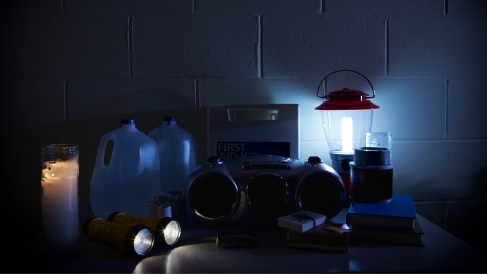 Emergency supplies on a table during a power outage