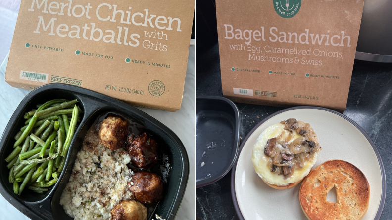 Left: Merlot chicken meatballs with grits, in black container with BistroMD box in background. Right: Bagel egg sandwich with mushrooms and cheese on a plate with the BistroMD box background.