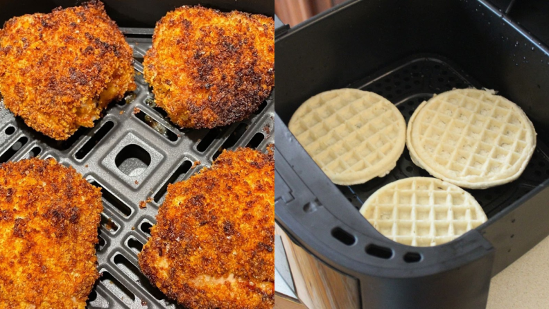 A photo collage of breaded fried chiecken and frozen waffles inside of the basket of an air fryer.