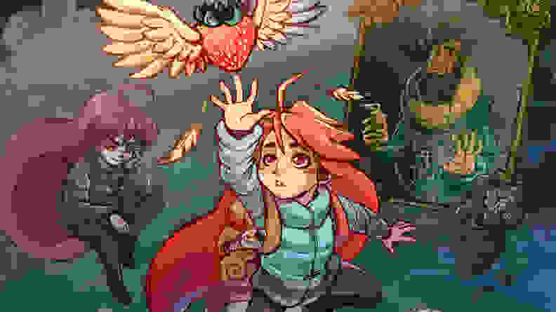 Key artwork for the video game 'Celeste' showing off the main characters.