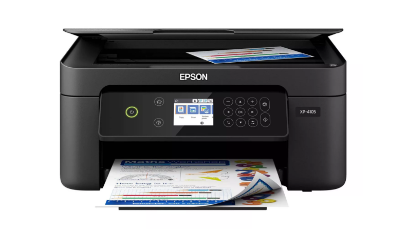 An image of a black Epson printer seen from the front with the tray filled with printed papers.