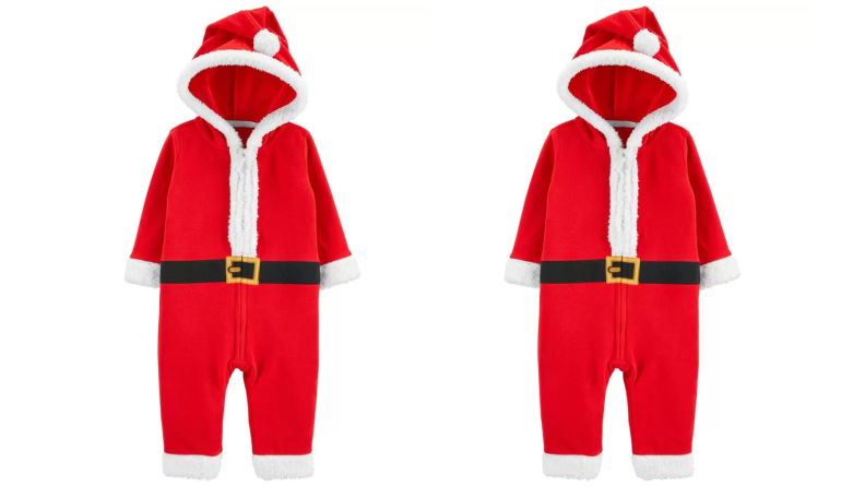 Two images of the same small, bright red Santa suit for toddlers, complete with a hood.
