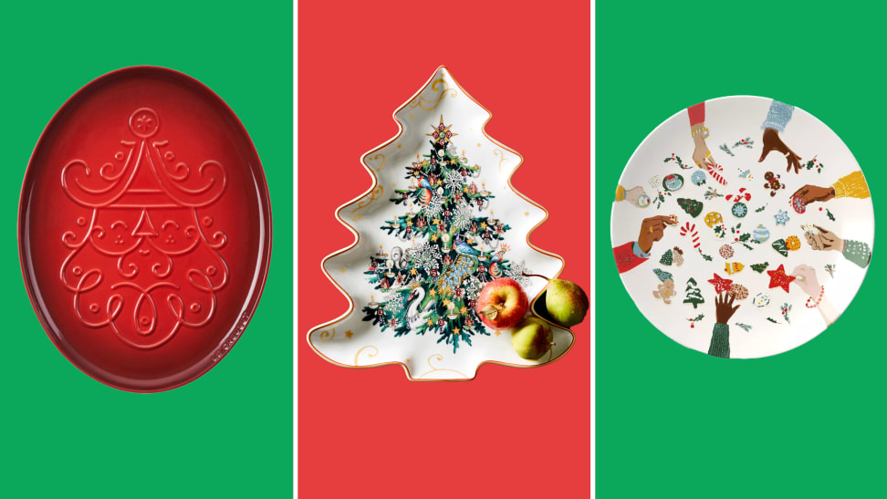 A red and green photo collage of three holiday-themed dessert platters.