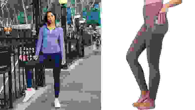 On the left, a model poses in a jacket and navy-blue leggings on an urban sidewalk. To the right, a model poses in purple leggings; they’re slipping an iPhone into their pocket.