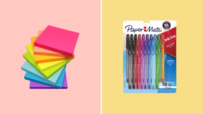 Stack of sticky notes of varying colors against pink background; package of pens against yellow background