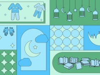 A blue and green illustration of different Ramadan activities.