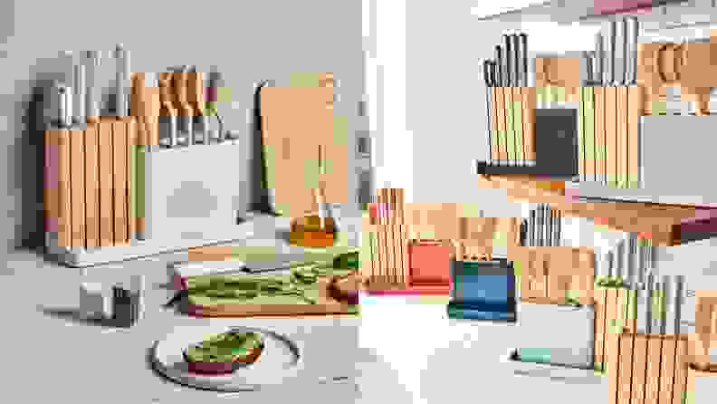 On left, knife block next to kitchen utensils while chopped vegetables sit on top of wooden cutting board and cooking oil sits inside of glass beaker. On right, several cutting blocks with knives inside next to cooking utensils on two layers of shelves.