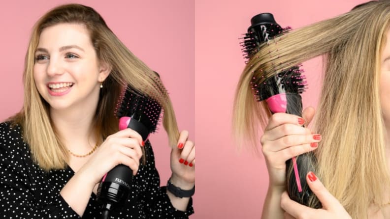 Person smiling while using brush in hair. On left, person running brush through her