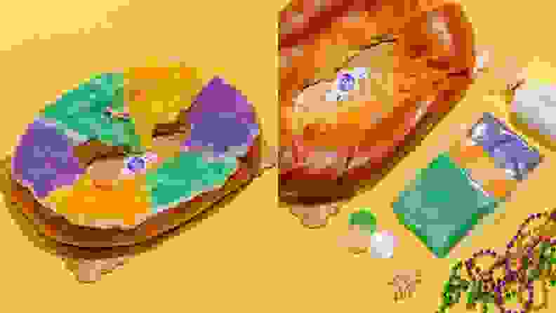 On left, a photo of a colorful Maurice king cake on a bright yellow background. On right, a photo of the uncompleted kit, with the unfrosted cake, packets of frosting, and festive beads.