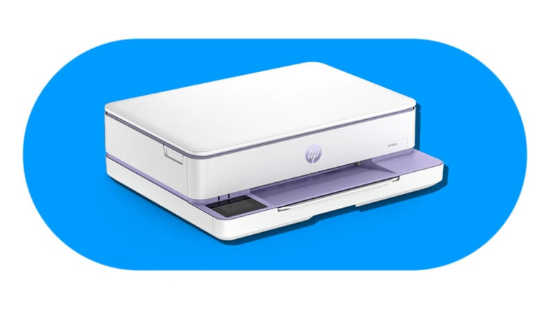 A lavender-trimmed HP Envy printer on a blue background, featured as part of the HP Envy printer lineup.