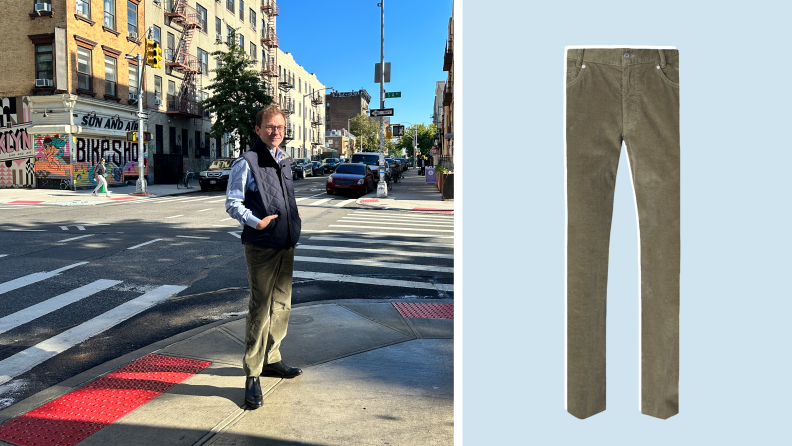 Photograph of the author wearing green pants, and on the right is a product shot of the same green pants that are very long.