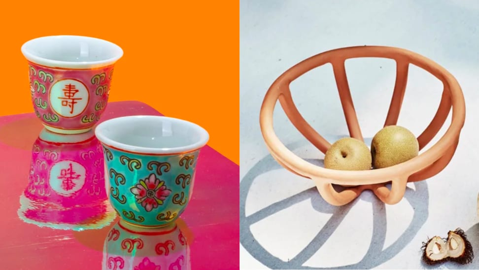 Left: two hand-painted wine cups in teal and pink, Right: terracotta fruit bowl with two pieces of fruit inside