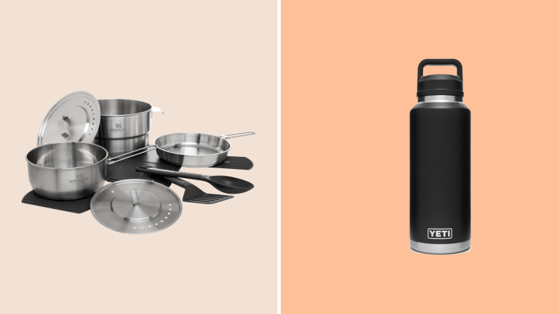 Camping gear on background