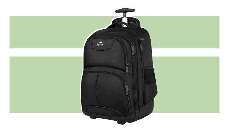 The Matein 17-inch Rolling backpack on a green background.