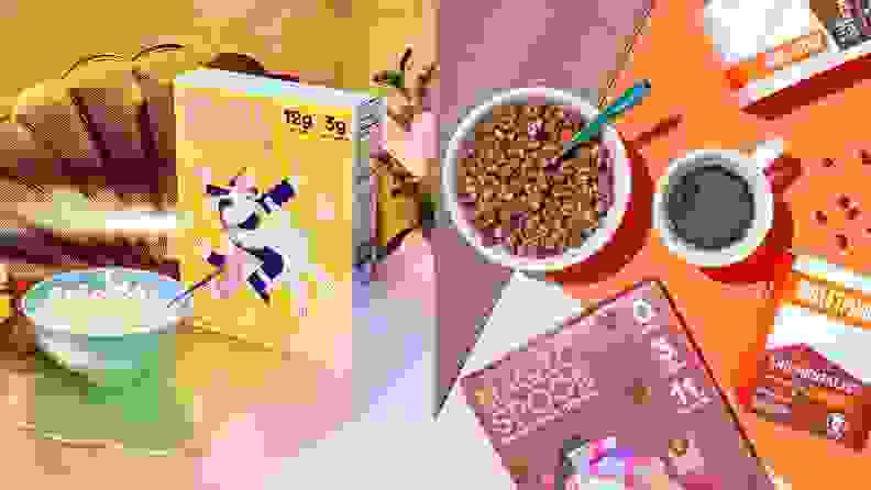 Two different product images show Magic Spoon cereals in bowls next to their respective packaging (one yellow, one brown). There's a cup of coffee and some Bulletproof-brand "coffee pods" in the photo on the right.