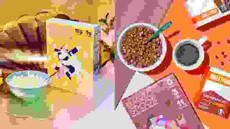 Two different product images show Magic Spoon cereals in bowls next to their respective packaging (one yellow, one brown). There's a cup of coffee and some Bulletproof-brand 