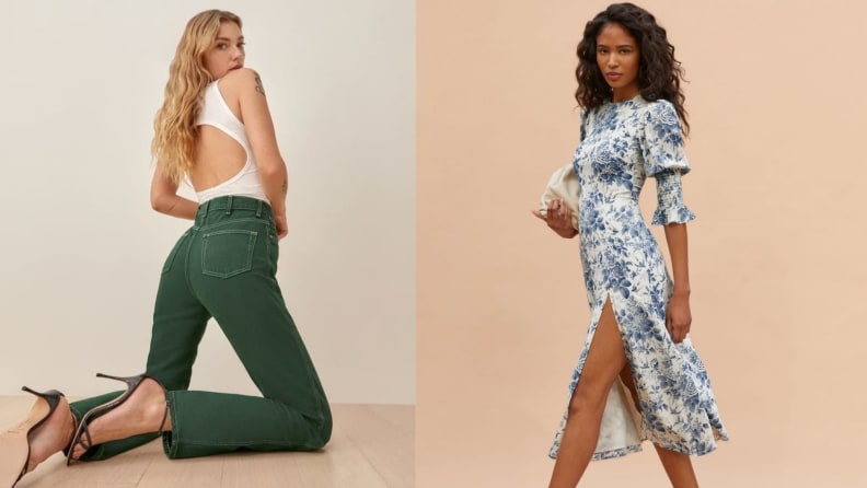 woman on her knees wearing jeans and tank top while looking back, woman mid-step showing off dress