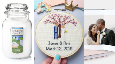 On left, cotton scented white candle from Yankee candle. In middle, colorful family portrait cross stitch against blue background. On right, picture of couple smiling at each other on wedding day in photo book.