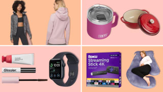Lululemon hoodie, YETI Rambler Mug, Lodge enameled Dutch oven, Glossier Makeup Kit, Apple Watch SE, Roku Streaming Stick 4K, and Chilling Home pregnancy Pillow on an orange and pink background.