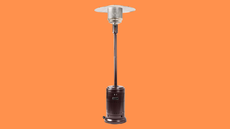 A tall propane heater on an orange background.