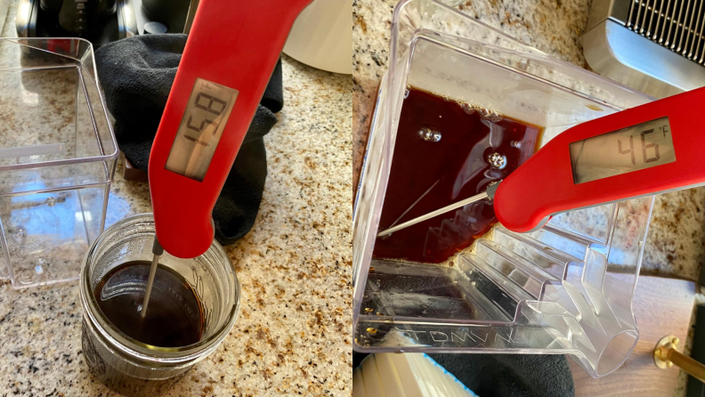 In our hot beverage test, we measured the temperature of the coffee before (left) and after (right) using the Coldwave.