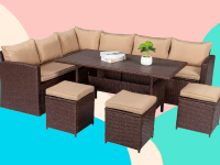 An image of a rattan brown patio furniture set on a color-block background of blue, green, cream and pink.