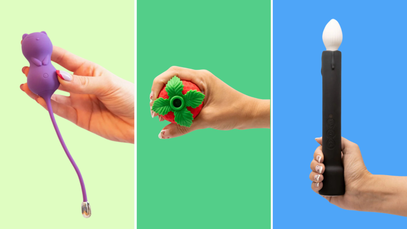 Photo collage of hands holding three Emojibator products including the Kitty Cat Kegel Vibrator, Strawberry Emojibator, and the Candle Warming Vibrator Wand.