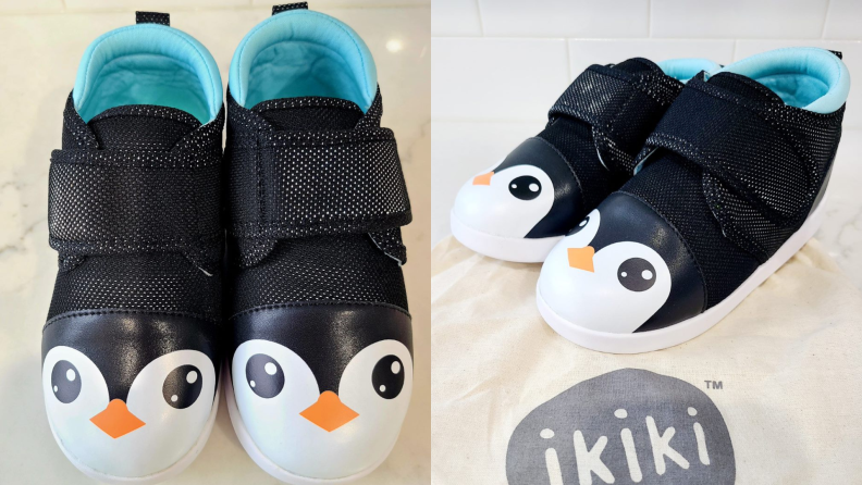 Product shots of the Ikiki Squeaky penguin design shoe on on marble countertop.