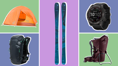 Photo collage of camping items including a tent, two backpacks, a watch and a pair of skis.