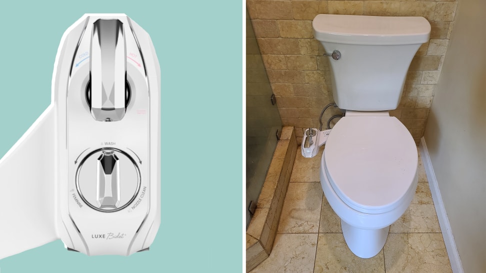The Luxe Neo 320 Bidet in close up and attached to a toilet.