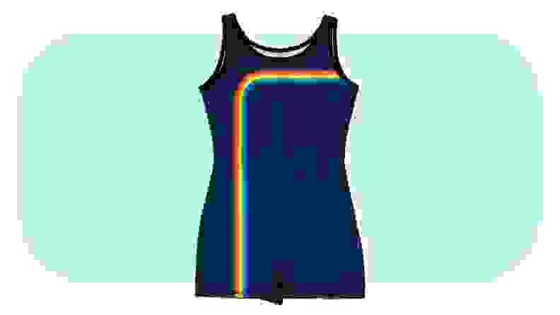 A bodysuit-style one-piece bathing suit with a rainbow detail.