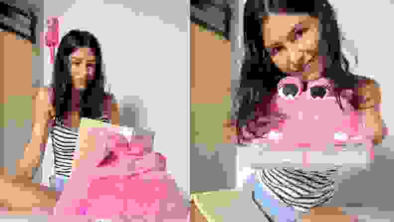 Two panel image: On left a woman reading from the Cuddly Reader book stand. On right, the woman holds the pink pillow stand in front of her. The pillow looks like a pink dragon with large eyes.