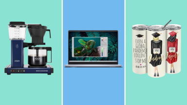 A selection of the best graduation gifts including a Moccamaster, Dell laptop, and custom tumbler.
