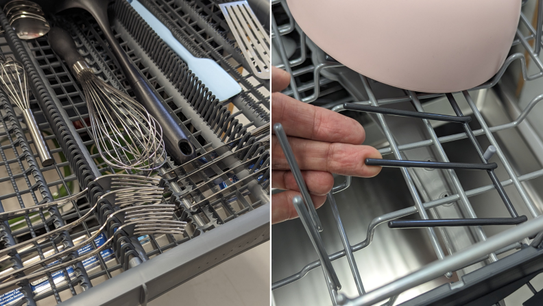 Left: A close-up of the third rack with silverware and utensils on it. Right: A closeup of the middle rack with a person's hand adjusting the tines.