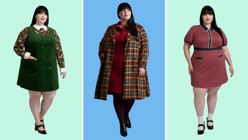 Collage of three plus-size options: A green skirt jumper, a plaid overcoat, and a red vintage-inspired dress.