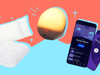 Coop Home Goods pillow, folded Linenspa comforter, Philips Wake-up Light, and Headspace app on a graphic background for Reviewed's Best of Year