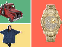 An image of a red Christmas truck, a person wearing a Comfy, and a gold watch.
