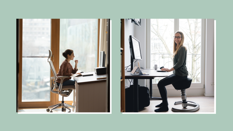 People sitting on desk chairs.