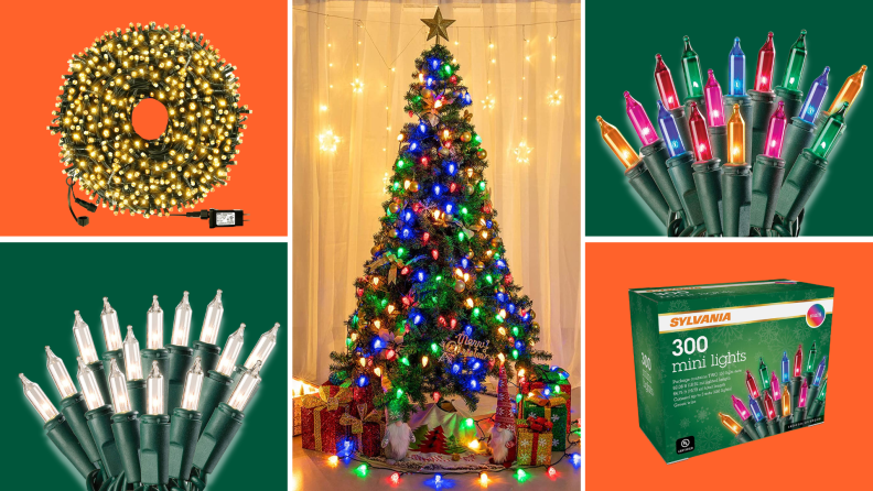 A variety of colored and white Christmas lights against an orange and green background.