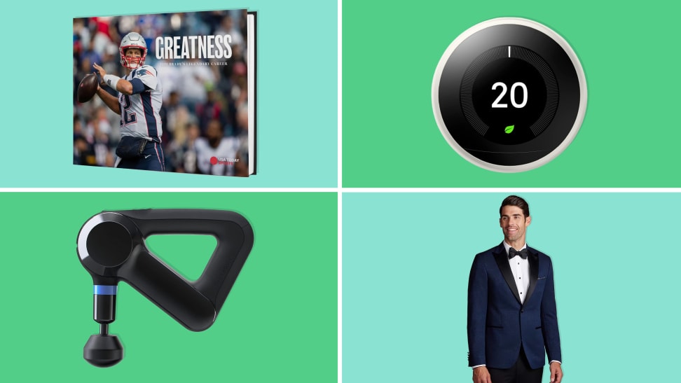 Greatness Tom Brady book, Google Nest thermostat, Theragun Elite, and a Jos. A Bank suit on teal and green background.