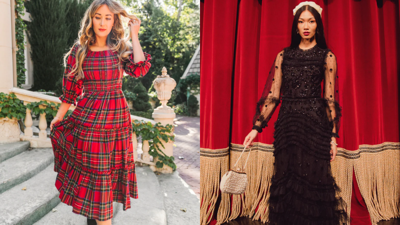 Collage of a model wearing a red plaid dress, and another model wearing a black dress with chiffon sleeves.