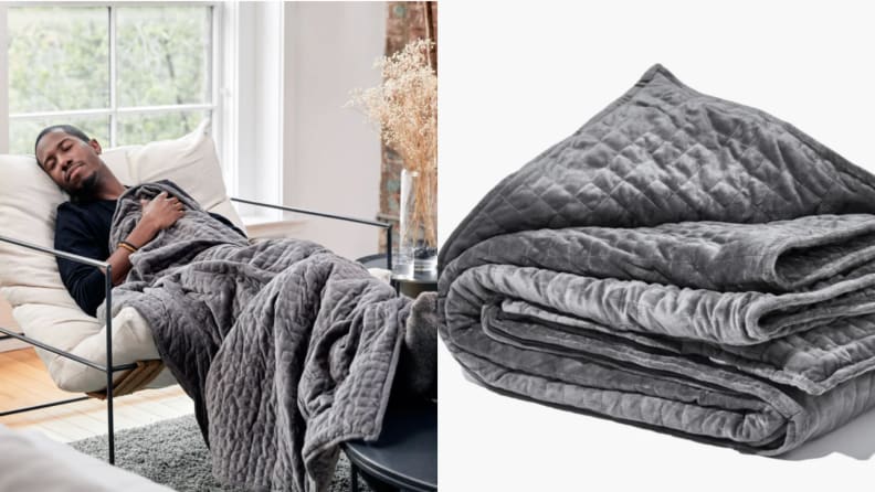 On left, man reclining in chair napping with gray gravity blanket. On right, product shot of folded gray gravity blanket.