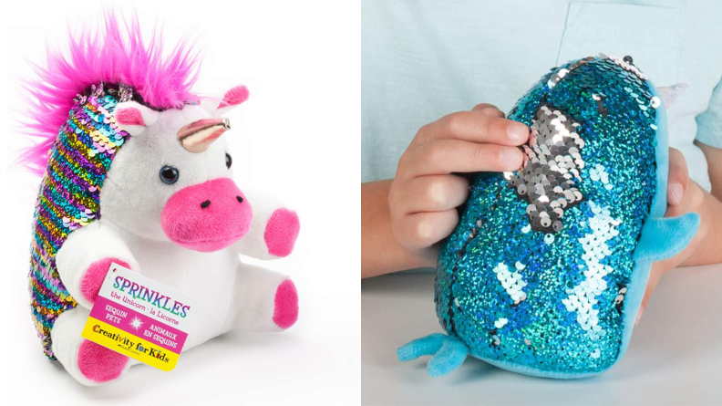 Left: A unicorn stuffed animal; right: A blue stuffed animal covered in sequins.